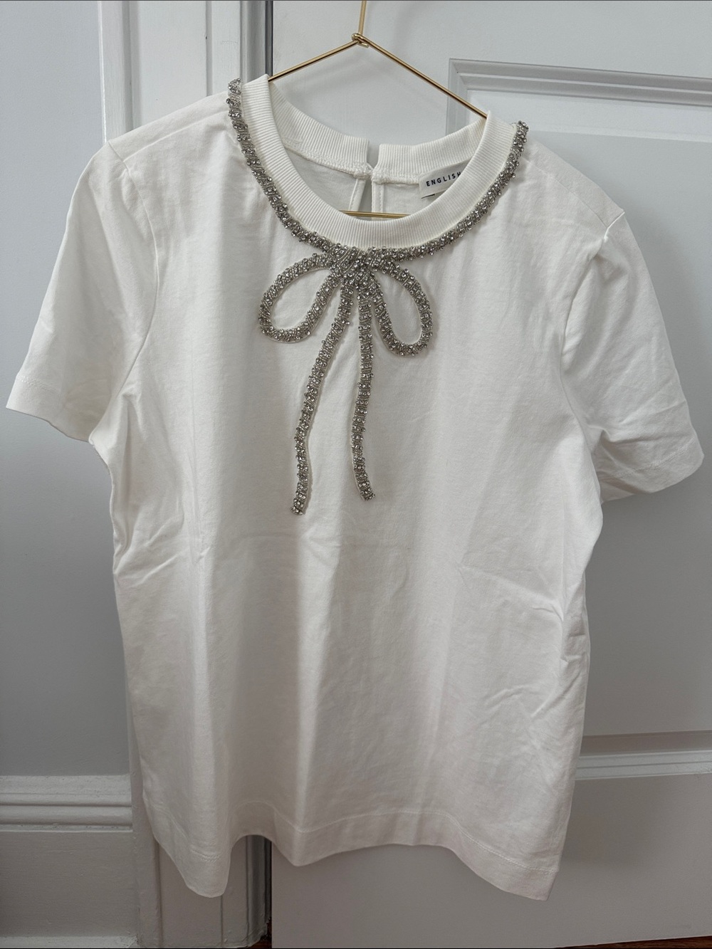 English Factory White Short Sleeve Tee with Crystal Bow Trim